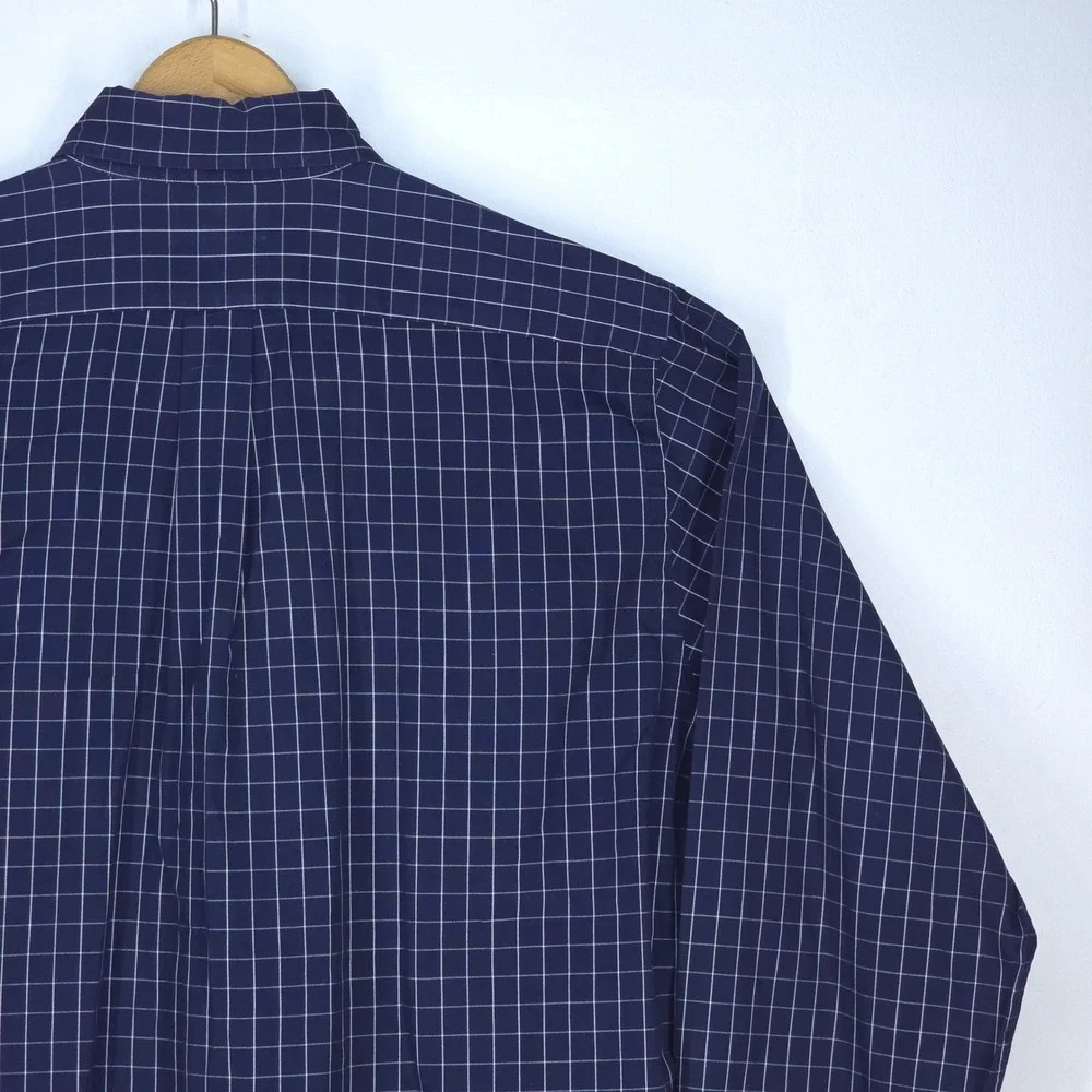 LL Bean Button Down Shirt Mens Large Navy Blue Check Long Sleeve Office Business - Picture 13 of 15